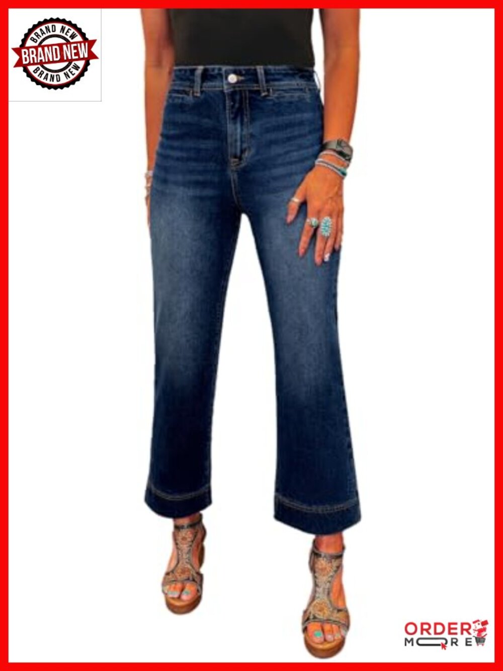 High Waisted Wide Leg Stretch Denim Jeans with Pockets